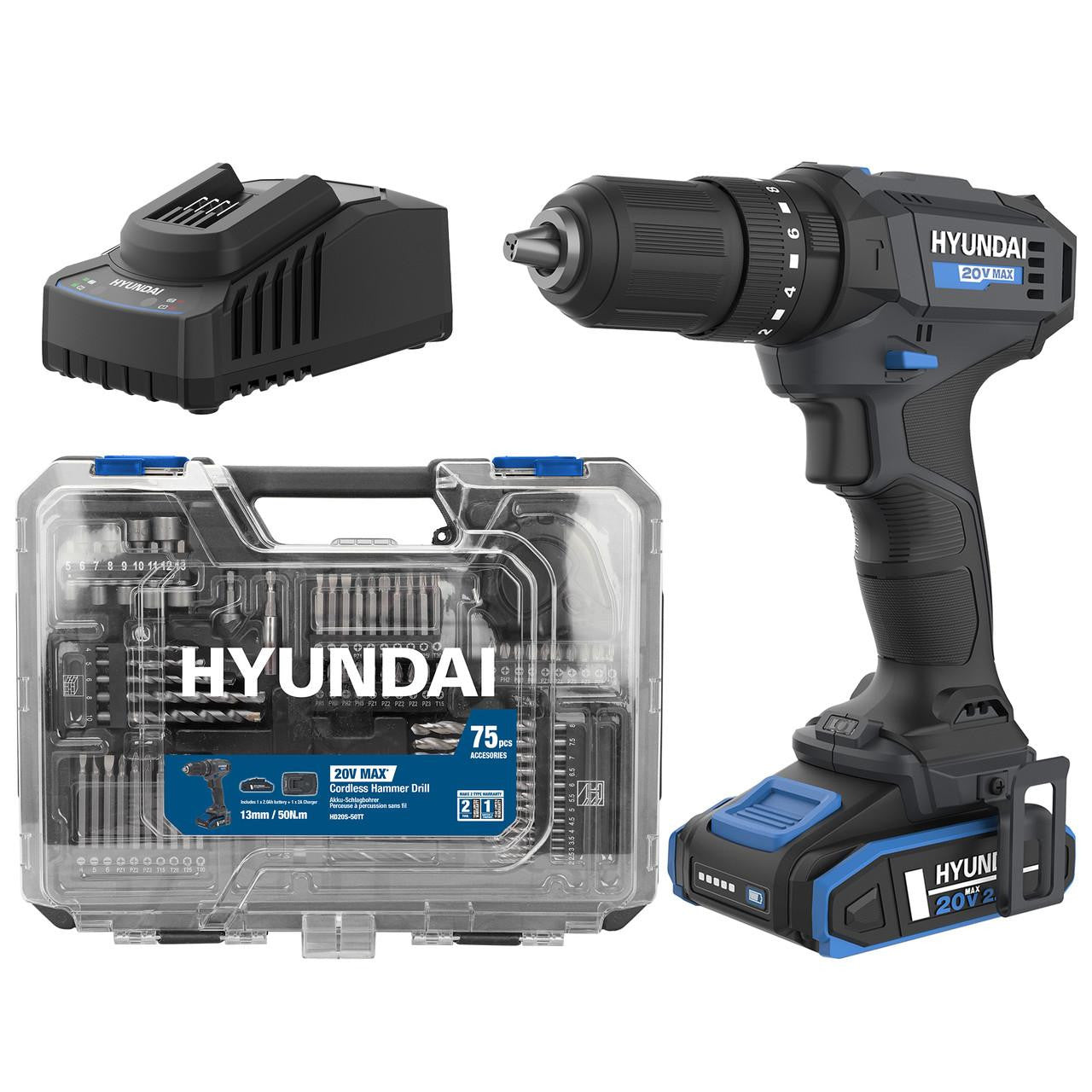 Perceuse à percussion sans fil Hyundai 20V 50Nm, 2 vitesses, mandrin 13mm, LED | HD20S-50TT-EU