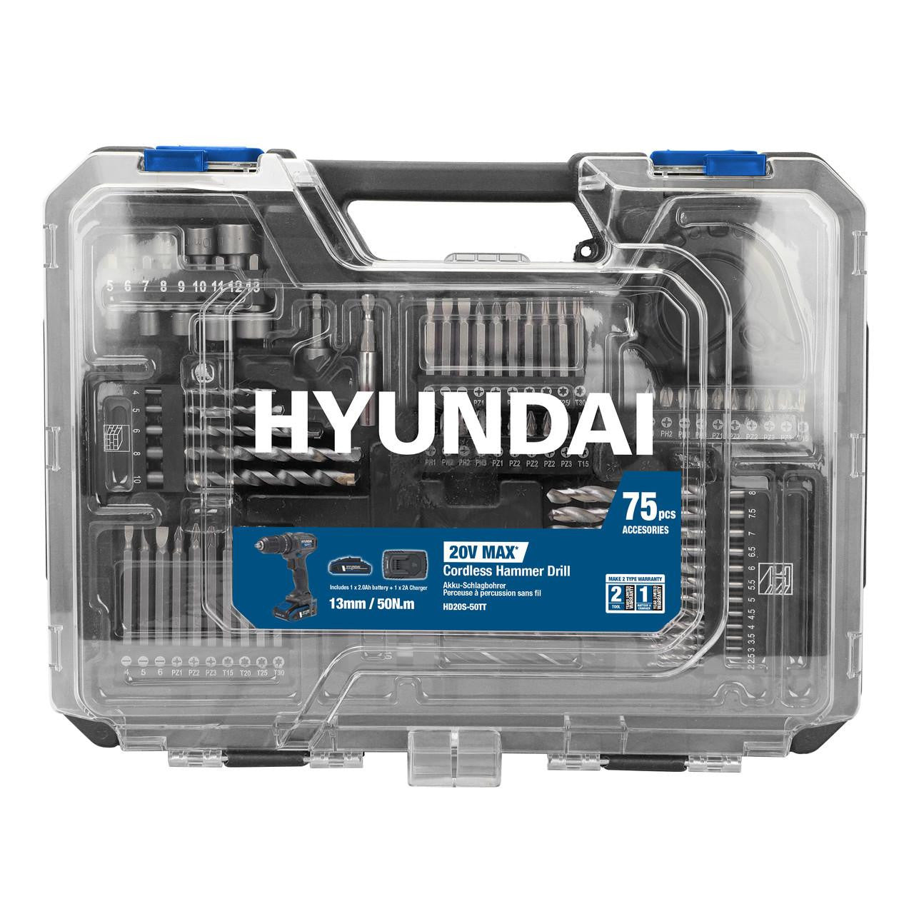 Perceuse à percussion sans fil Hyundai 20V 50Nm, 2 vitesses, mandrin 13mm, LED | HD20S-50TT-EU
