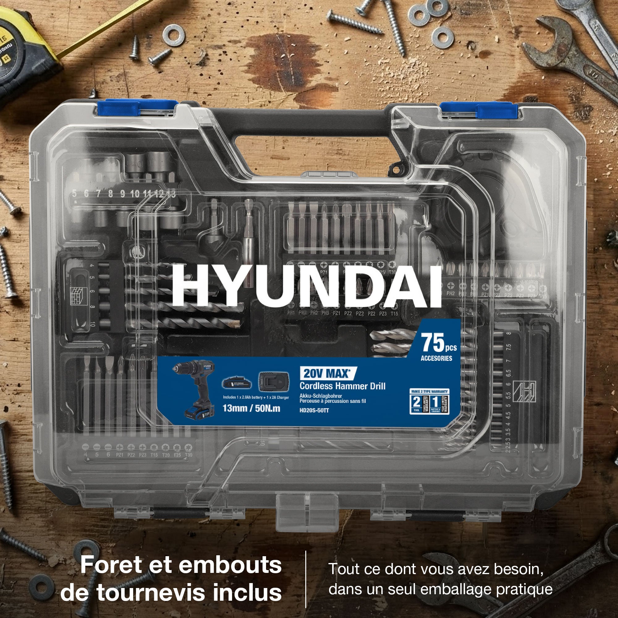 Perceuse à percussion sans fil Hyundai 20V 50Nm, 2 vitesses, mandrin 13mm, LED | HD20S-50TT-EU