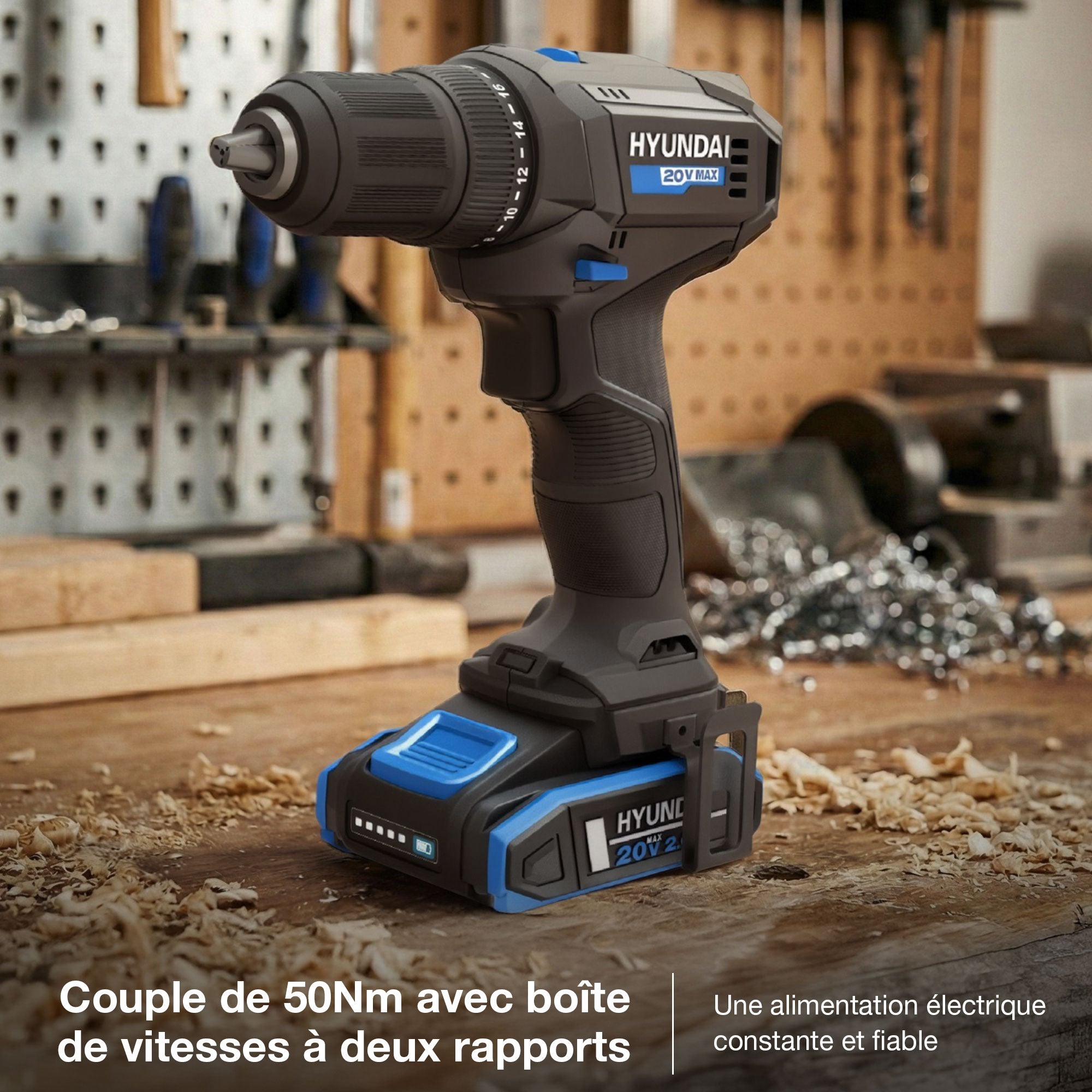 Perceuse à percussion sans fil Hyundai 20V 50Nm, 2 vitesses, mandrin 13mm, LED | HD20S-50TT-EU