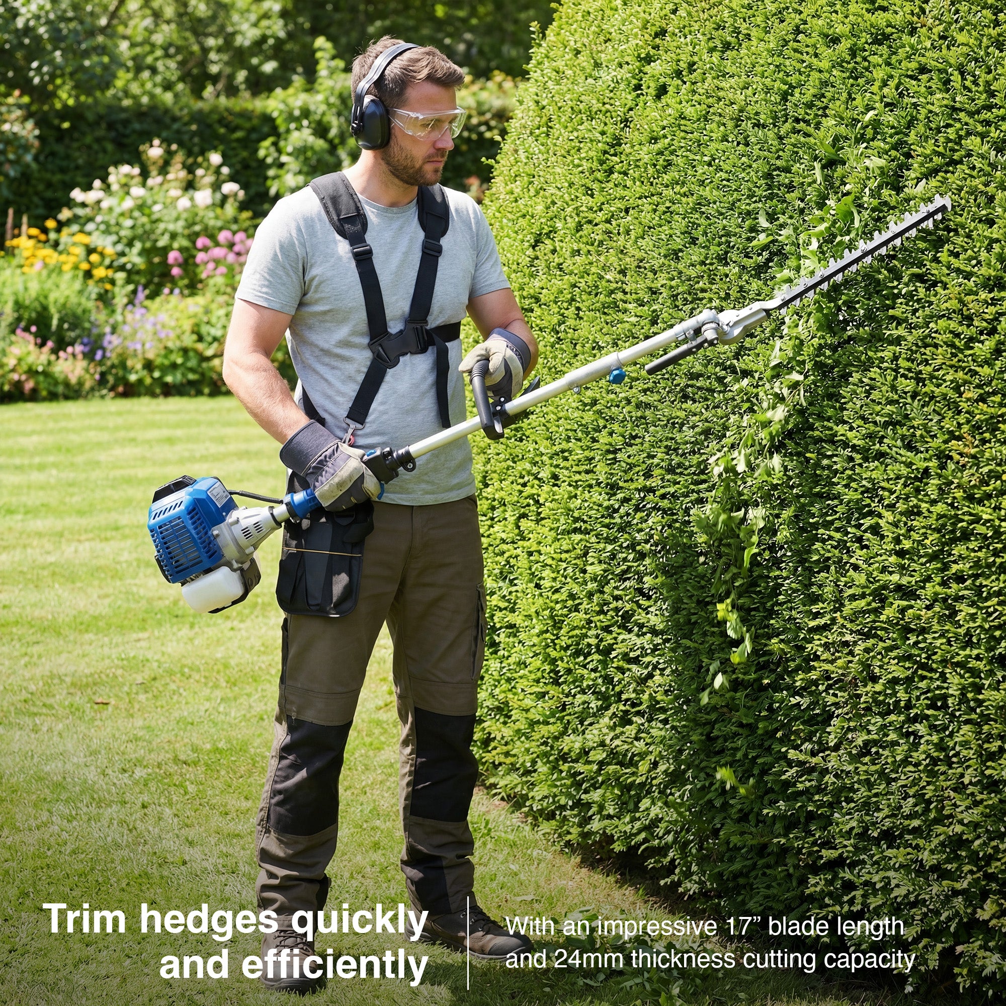 Multi-outil de jardin thermique Hyundai 56cc, 5-en-1 — Coupe-bordure, débroussailleuse, taille-haie sur perche et élagueuse | HYMT5600X