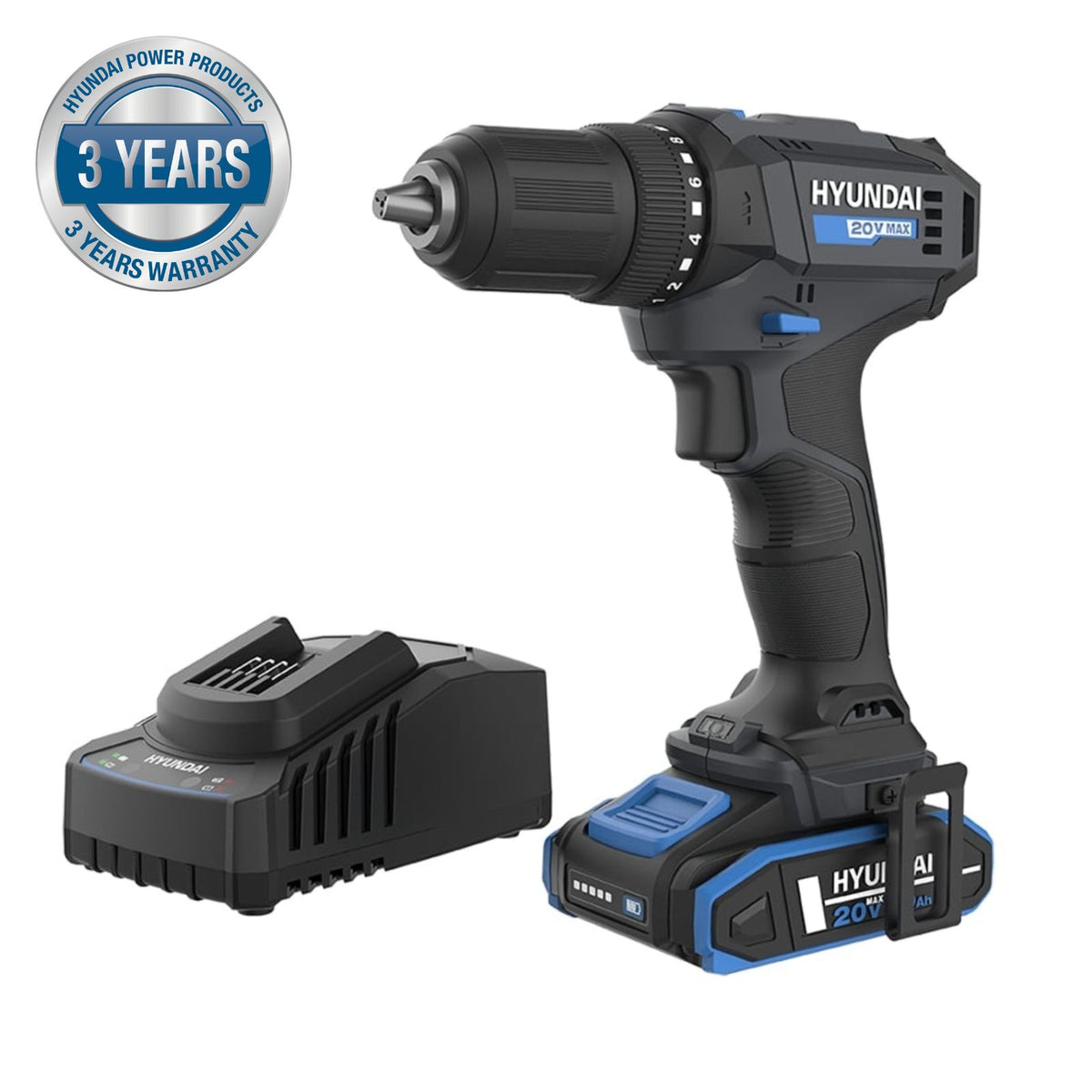 Perceuse visseuse sans fil Hyundai 20V 40Nm, batterie 2Ah et chargeur, 2 vitesses, lumière LED, mandrin 13 mm | DD20S-40TT