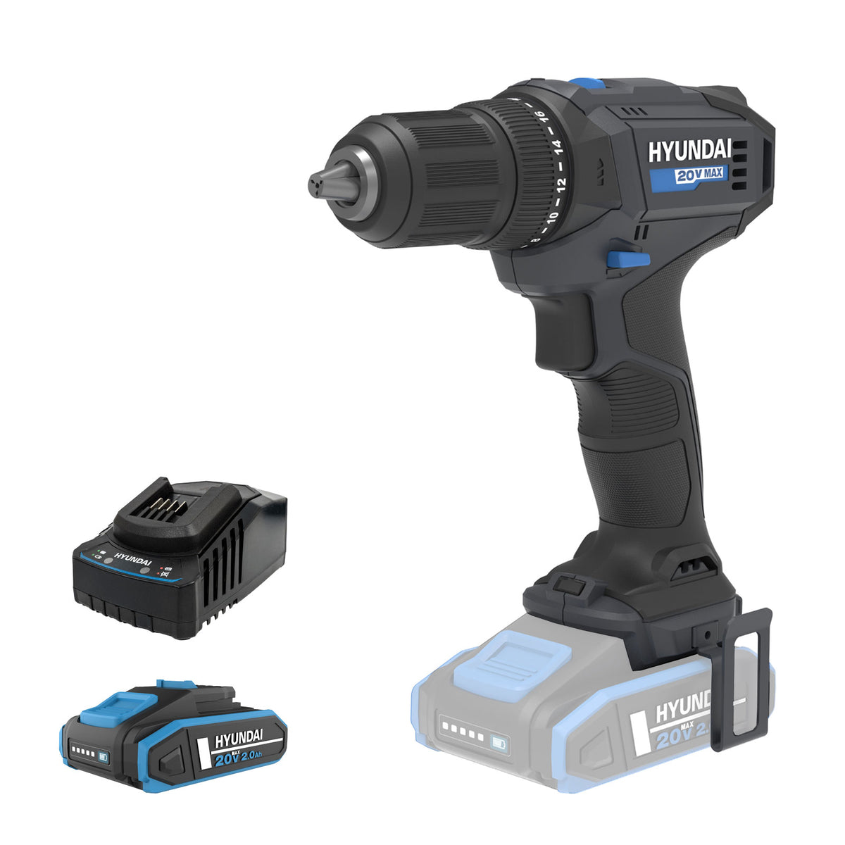 Perceuse visseuse sans fil Hyundai 20V 40Nm, batterie 2Ah et chargeur, 2 vitesses, lumière LED, mandrin 13 mm | DD20S-40TT