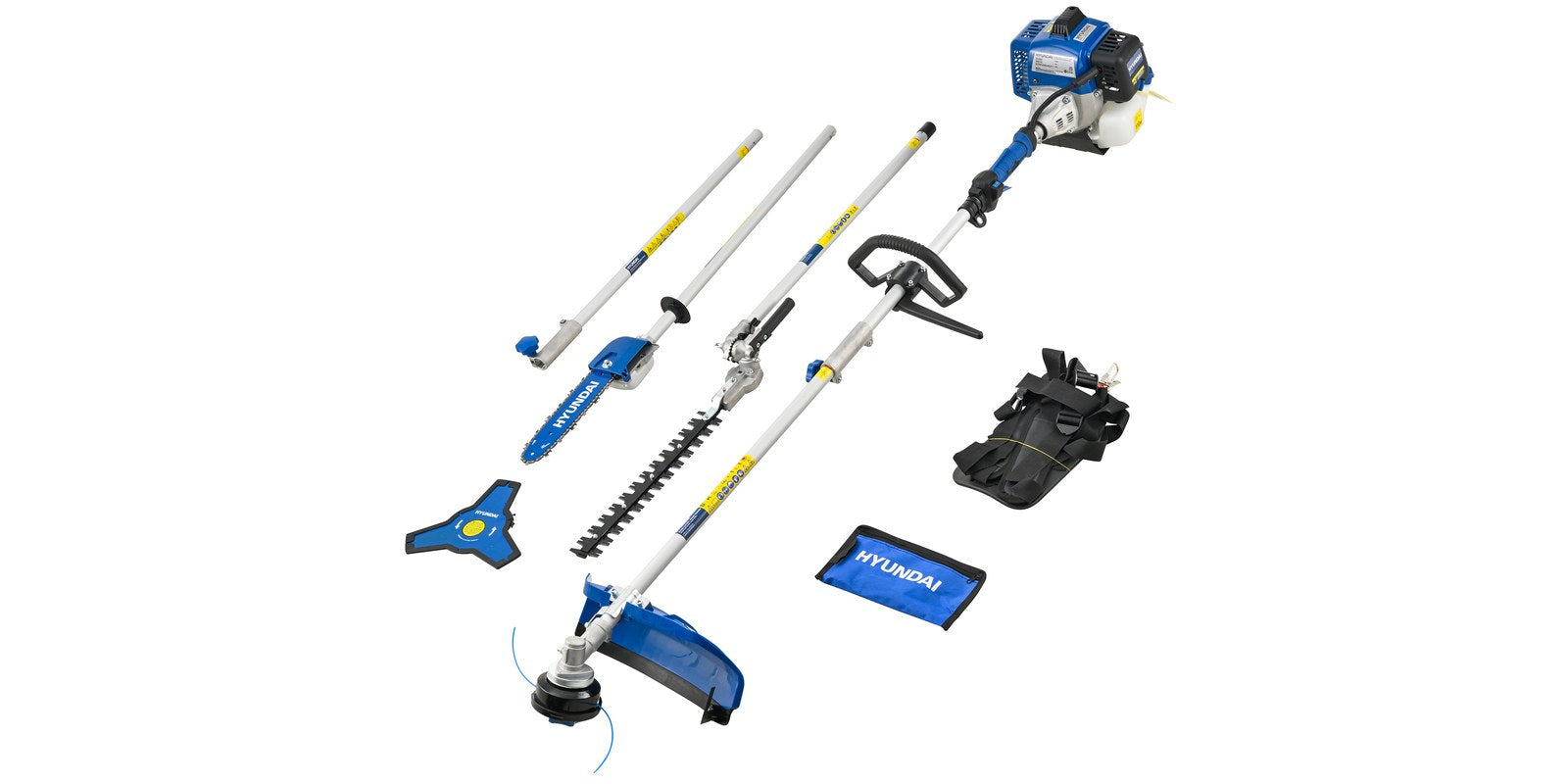 Hyundai HYMT5600X Outil multifonction de jardin thermique 56 cm³, tête motrice avec coupe-bordures, débroussailleuse, taille-haie, élagueuse sur perche